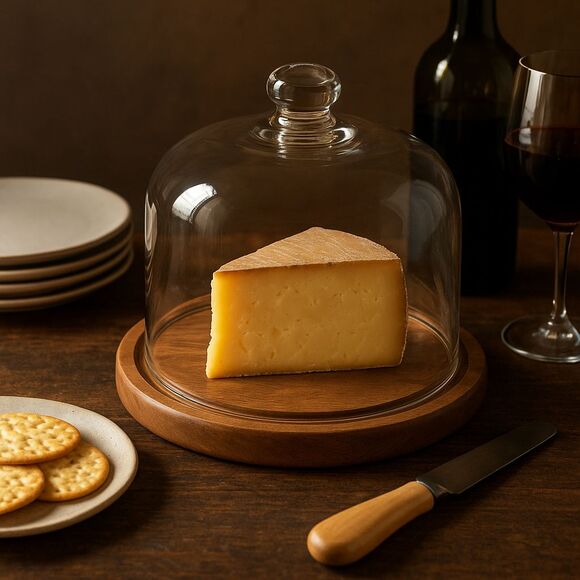 Vintage Glass Domed Cheese Cover with Wood Base 8x8x7 Rustic Kitchen Server - Picture 1 of 10